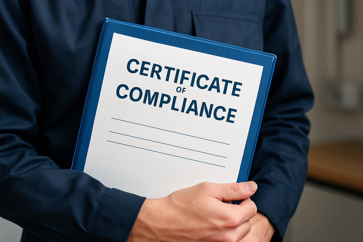 Person holding framed certificate of compliance