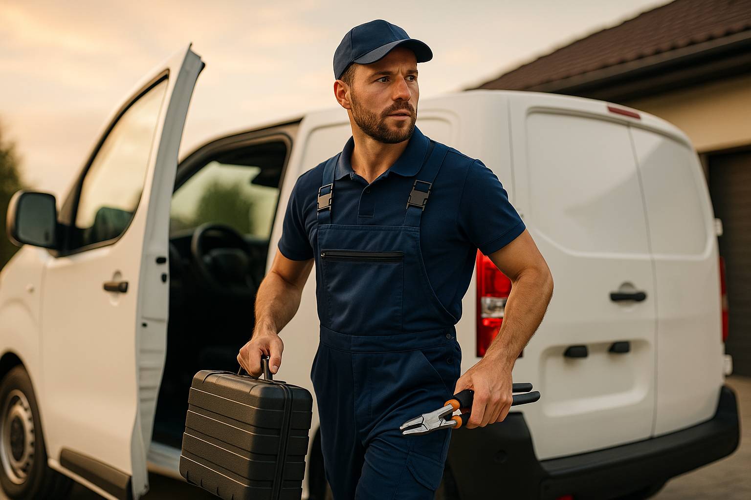 Electrician walking quickly with toolkit