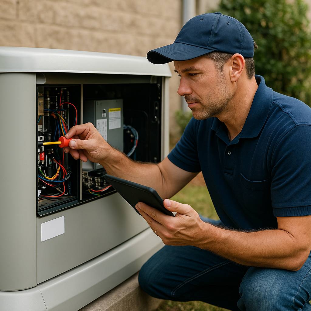 Technician servicing generator control panel