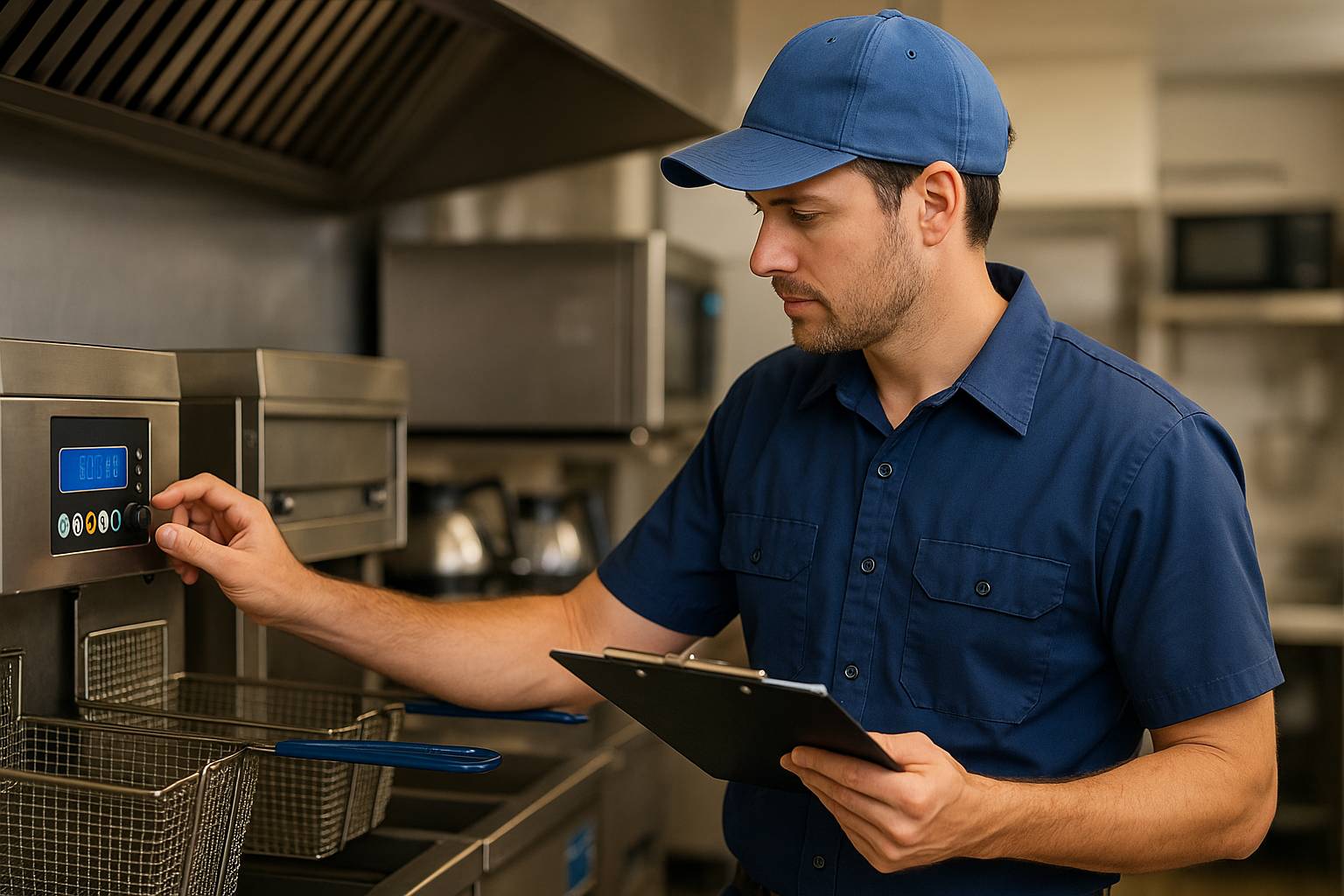 Technician working on QSR high-pressure fryer controls